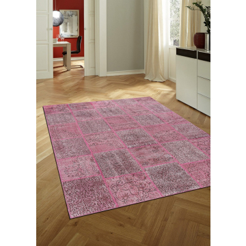 Vintage Patchwork Overdyed Pink Hand-Knotted Wool Rug 7' x 10'