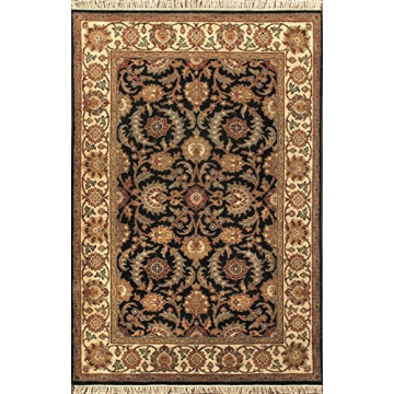 Agra Persian Floral Black & Beige Hand-Knotted Wool Rug