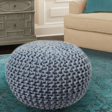 ABC Hand Knitted Solid Blue Cotton Oval Pouf 14"x20"